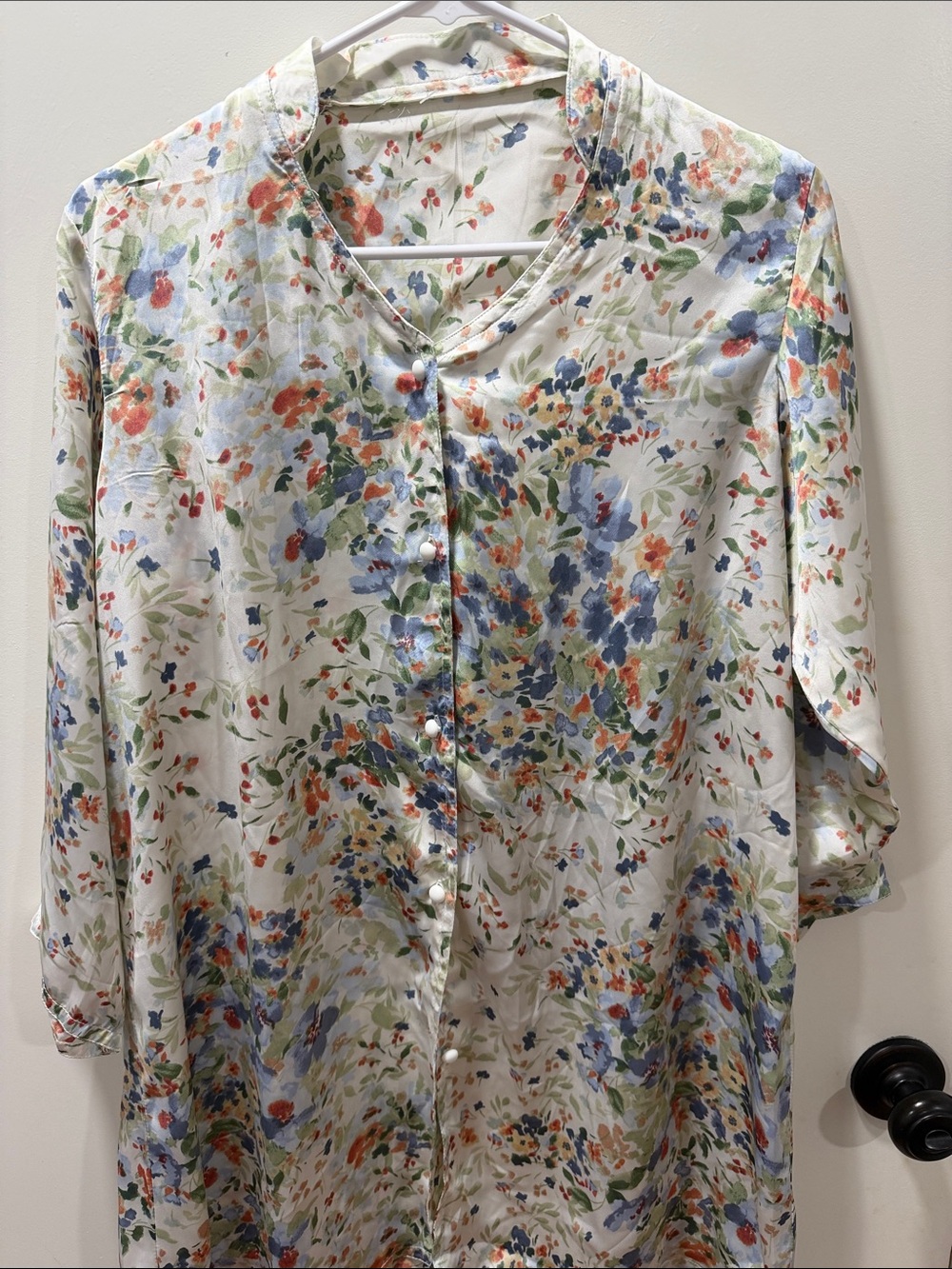 Floral Button-Front Women’s Blouse Dress - White with Blue & Green Print